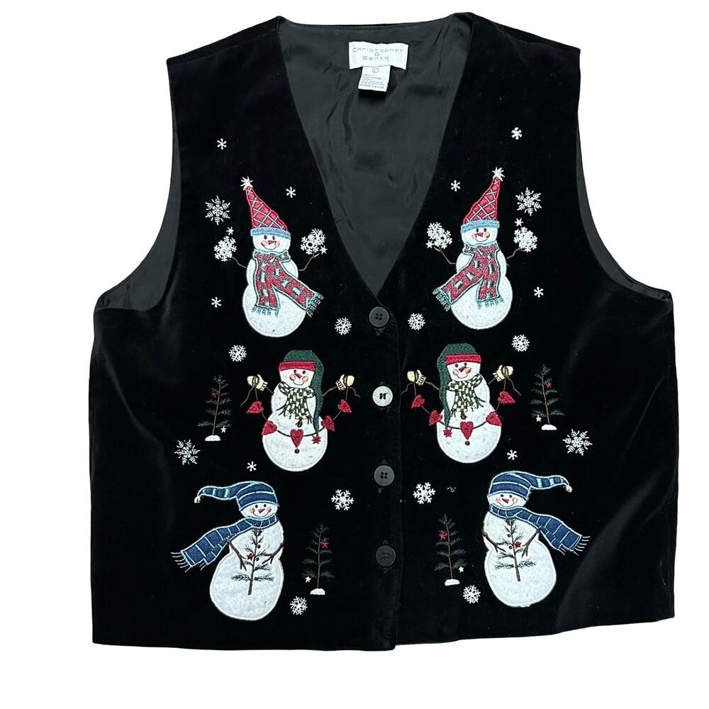Vtg 90s Christopher & Banks Vest Womens Large Black Snowmen Christmas Winter